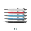 A set of four metal pens in silver, red, blue, and black, featuring textured grips and a logo.