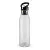 A drink bottle in translucent design with a black lid and spout, featuring a circular base and a logo.