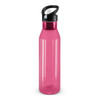 A drink bottle in a translucent pink color with a black flip-top lid.