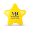 A yellow star-shaped stress ball with "Charlie's Children's Charities" printed in blue.