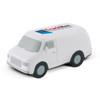 A stress toy in the shape of a van, featuring a logo on the roof. The van is primarily white with black wheels.