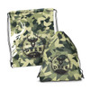A drawstring backpack in green camo design, featuring a logo and a deer graphic with a geometric pattern.