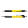 A coloured barrel pen in yellow with a black grip and silver accents, featuring a branding logo.