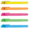 Five wax highlighters in yellow, orange, pink, green, and blue, featuring caps for each colour. Each has a textured grip and a logo.