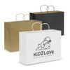 Three extra-large paper carry bags in white, gold, and black with handles and a logo on the front.