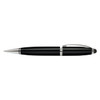 A sleek black metal pen with silver accents, featuring a stylus tip. It has a branding logo on the body.