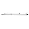 A white stylus pen with a silver tip and grip, featuring a clip and a logo on the barrel.