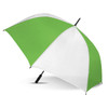 A green and white sports umbrella with a sturdy handle, featuring a logo on the canopy.