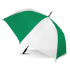 A green and white sports umbrella with a black handle, featuring a logo on the canopy.