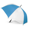 A sports umbrella featuring a blue and white design with a black handle and a logo on the shaft.