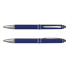 A blue stylus pen featuring a sleek design with silver accents, shown from two angles.