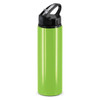 A drink bottle in bright green with a black flip cap and carrying handle. It features a logo on the base.