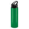 A drink bottle in vibrant green with a black flip cap and carry handle, featuring a logo on the side.