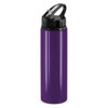 A drink bottle in vibrant purple with a black flip cap and carrying handle, featuring a logo.