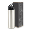 A drink bottle in silver with a flip cap, accompanied by decorative packaging featuring a design and logo.
