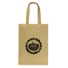 A jute tote bag in natural beige with long handles and a printed logo on the front.