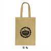 A jute tote bag in a natural beige colour with a logo printed on the front. It features two sturdy handles.