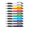 A collection of plastic pens with coloured barrels in yellow, orange, red, green, blue, and purple, featuring black grips and chrome accents.