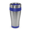 A drink bottle with a stainless steel body and blue silicone accents, featuring a lid and a sleek design.