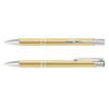 A metal pen in a shiny gold colour with silver accents and a clip, featuring a sleek design.