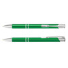 A green metal pen with silver accents, featuring a clip and sleek design, including a logo.