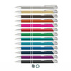 A collection of metal pens in various colours including blue, red, green, pink, black, and silver, featuring a logo.