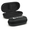 A black mini carry case with a zip closure and an interior mesh pocket, featuring a logo on the exterior.