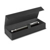 A black metal rolling ball pen in a sleek black box, featuring a silver clip and trim.