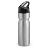A drink bottle in silver metal with a black flip cap and a handle, featuring a logo on the side.