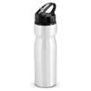 A drink bottle with a sleek silver body and a black flip cap for easy access.