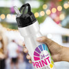 A drink bottle with a silver body and black flip cap, featuring a colourful circular design and a logo.