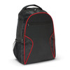 A black laptop backpack with red accents and a mesh side pocket. Features a main zip compartment and a logo.