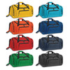 A collection of duffle bags in eight colours: yellow, turquoise, orange, red, blue, green, grey, and black, each with a logo.