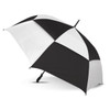 A black and white sports umbrella featuring a large canopy and a sturdy design, ideal for outdoor use.