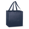 A navy tote bag with sturdy handles, featuring a square design and no visible logos or text.