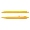 A pair of yellow plastic pens, featuring a sleek design and a clip on the side. Each pen has a pointed tip.