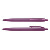 A purple plastic pen featuring a sleek design and a clip, with another pen positioned underneath it.