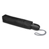 A black umbrella partially tucked into a protective sleeve, featuring a handle and a hanging strap.