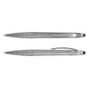 A metallic stylus pen with a sleek design, featuring a textured grip and a clip, in shades of silver.