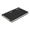 A black notebook with a pen resting on top, featuring a textured cover and an elastic band.