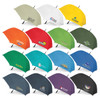 A collection of 15 umbrellas in various colours, each featuring different logos and branding on the canopies.