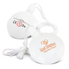 A white round bubble kit with a string, featuring a logo on one side.