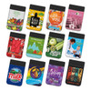 A collection of full-colour Lycra phone wallets featuring various designs and vibrant colours, each with a logo.
