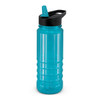A drink bottle with a turquoise body and a black lid, featuring a built-in straw for easy sipping.
