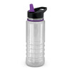 A drink bottle in clear plastic with a black and purple lid, featuring a built-in straw and ridged design.