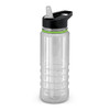 A drink bottle featuring a clear body with a black lid and a green accent, complete with a straw.