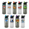 A drink bottle in clear and black, featuring various logos and colourful lids in different hues.