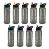 A drink bottle collection featuring clear and black designs with various coloured flip-top lids. Each bottle has a logo.