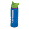 A drink bottle in bright blue with a green lid and a straw, featuring a textured grip and a logo.