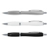 Three Vistro Pens in silver, white, and black colors, featuring a sleek plastic design and a chrome accent.